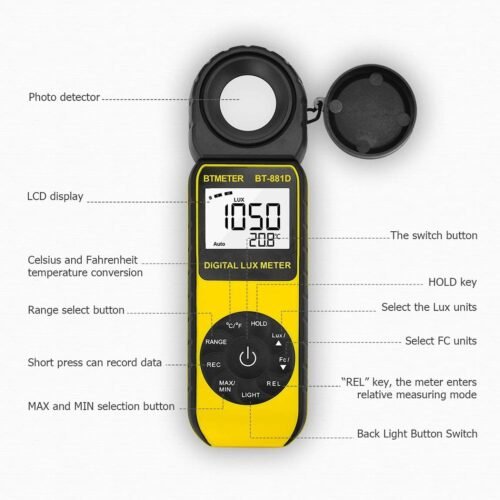 BTMETER BT-881D Digital Illuminance Light Meter, Measure Lights 0.01~400,000 Lux (0.01~40,000 FC) Foot Candles Luxmeter with 270º Rotated Sensor for Plants LED Lights Indoor Outdoor Light Tester - 이미지 4