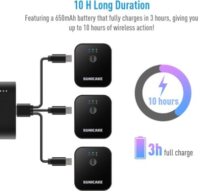 SONICAKE Wireless Lavalier Microphone 2.4GHz 164 ft/50M Range 10 Hrs, Dual Wireless Mic System(2 TX + 1 RX) for iPhone/Android/DSLR Camera/Camcorder,Vlog,Podcast,Live Streaming,Recording,Interview - 이미지 6