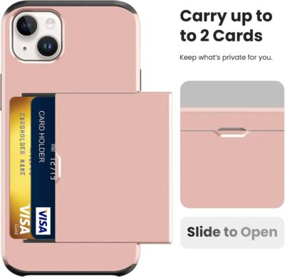 Jiunai for iPhone 14 Case Card Holder Wallet CC IDs License Access Card Slot Minimalist Dual Layer Hybrid Bumper Anti Scratch Protective Pocket Phone Cases for iPhone 14 6.1'' 2022 Men Women Rose Gold - 이미지 3