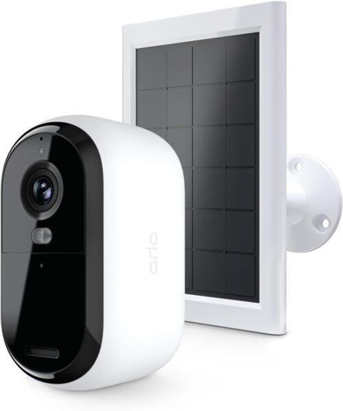 Arlo Essential Wireless Security Camera 2nd Gen with Solar Panel - Outdoor & Indoor Wireless Camera with Integrated Spotlight, Color Night Vision, Motion Sensor & DIY Setup - White, 1 Pack, VMK3050