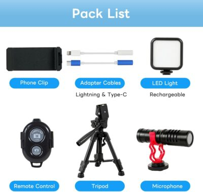 Vlogging Kit for iPhone, Android, Camera, Compatible with YouTube Starter Kit with Rechargeable LED Light + Microphone + Phone Clip + Aluminum Desktop Tripod for Vlogging, Instagram, TikTok - 이미지 7