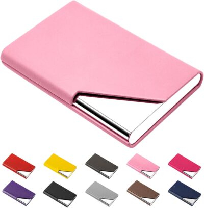 Padike Business Card Holder, PU Leather & Stainless Steel Multi Card Case for Men & Women, Name Card Holder, Credit Card Wallet, ID Case/Holder with Magnetic Closure (Pink)
