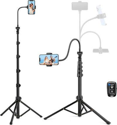 Phone Tripod Stand, 85" Tall Cellphone Tripod for iPhone with Gooseneck Remote, Flexible Portable Phone Stand for Recording, Compatible with iPhone 14 13 12 pro Android Camera