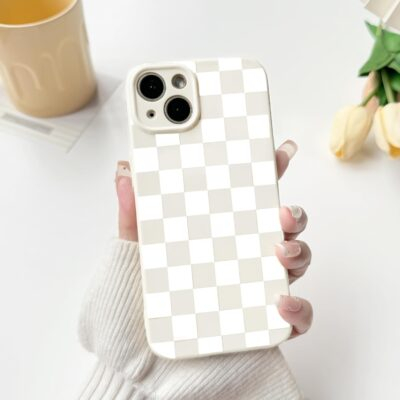 NITITOP Compatible with iPhone 15 Case Cute Aesthetic Checkerboard Checkered Pattern for Women Girl Trendy Slim Fit TPU Silicone Shockproof Full Camera Protection Cover - White - 이미지 3