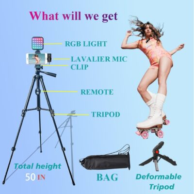 for iPhone Vlogging Kit, Vlogging Kit for Andriod Phone with Two Tripods RGB Light Lavalier Microphone Remote for YouTube Tiktok Content Creator (Total Height 20 in to 50 in) - 이미지 6