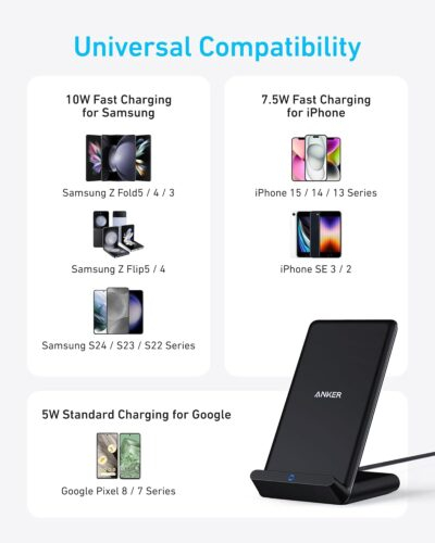 Anker 313 Wireless Charging Stand, Qi-Certified for iPhone 16/16 Pro/16 Pro Max/15/14/13, 10W Fast Charging for Galaxy S23/S22/S21 (No AC Adapter) - 이미지 3