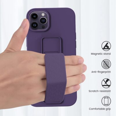LAUDTEC Silicone Kickstand Case Compatible with iPhone 14 Pro, Vertical and Horizontal Stand Hand Strap Metal Kickstand Cover, Flexible Soft Liquid Silicone Stand Case for iPhone 14 Pro (Deep Purple) - 이미지 6