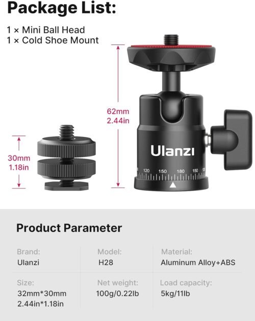 Mini Ball Head, ULANZI H28 Panoramic Tripod Head + Dual Hot Shoe Mount DSLR Camera Mount Adapter Photograph Attachment Accessories for Action Cameras Cam Smartphone Light Microphone Loading 5.5lb - 이미지 6