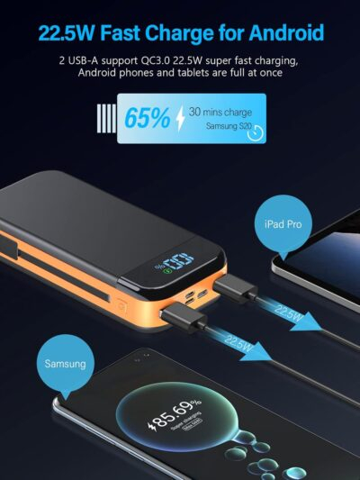 Portable Charger 32000mAh, 22.5W QC 3.0 PD 20W Smart LED Display Fast Charging Built in Cables Power Bank, External Battery Pack Charge 5 Devices Compatible with Cellphones (Orange) - 이미지 7