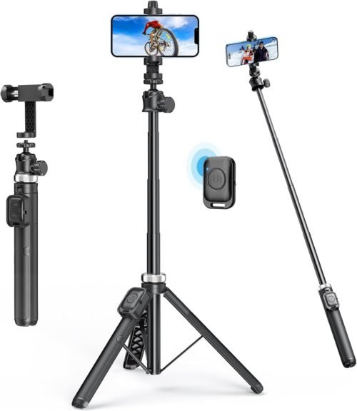 Extendable Phone Tripod for iPhone & Selfie Stick with Remote, 360 Ball Head for Video Recording