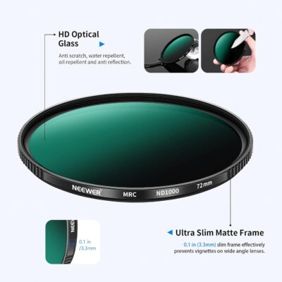 NEEWER 77mm ND Filter ND1000 10 Stops Neutral Density Filter Multi Layer Nano Coated/HD Optical Glass/Water Repellent/Scratch Resistant/Ultra Slim Black Matte Aluminum Alloy Frame for Long Exposure - 이미지 5