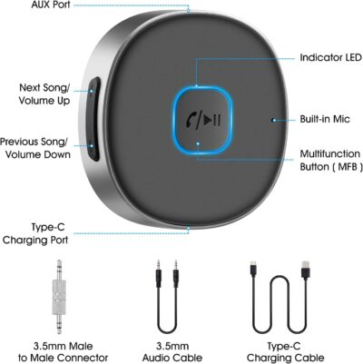 Bluetooth Aux Receiver , Portable 3.5mm Aux Car Adapter, Bluetooth 5.0 Wireless Audio Receiver for Car /Home Stereo/Wired Headphones/Speaker, 16H Battery Life (Black) - 이미지 2