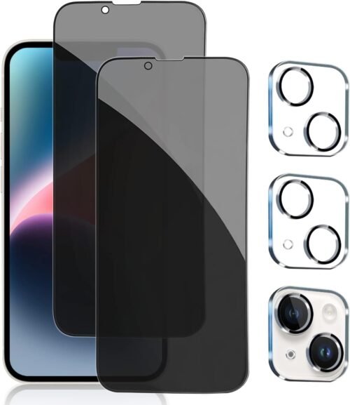 Pehael 2+2Pack for iPhone 14 Plus Privacy Screen Protector with Camera Lens Protector, Full Coverage, Anti-Spy, Tempered Glass Film, 9H Hardness, Upgrade Edge Protection, Easy Installation, Bubble Free, 6.7 inch