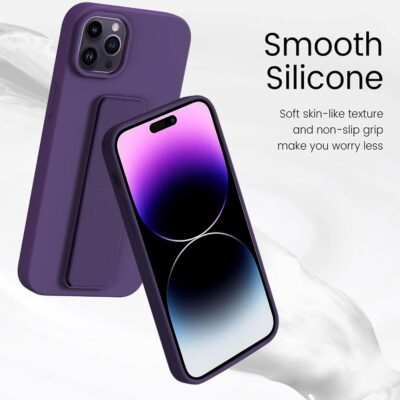 LAUDTEC Silicone Kickstand Case Compatible with iPhone 14 Pro, Vertical and Horizontal Stand Hand Strap Metal Kickstand Cover, Flexible Soft Liquid Silicone Stand Case for iPhone 14 Pro (Deep Purple) - 이미지 3