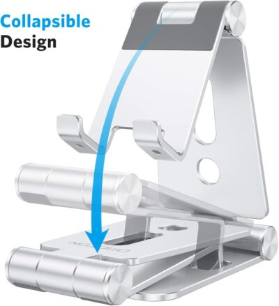 OMOTON Foldable Cell Phone Stand, C4 Portable Aluminum Phone Holder, Adjustable Phone Dock Cradle Compatible with iPhone 16/15/14/13 Pro Max, Samsung Galaxy, Small Tablets, All Smart Phones, Silver - 이미지 3