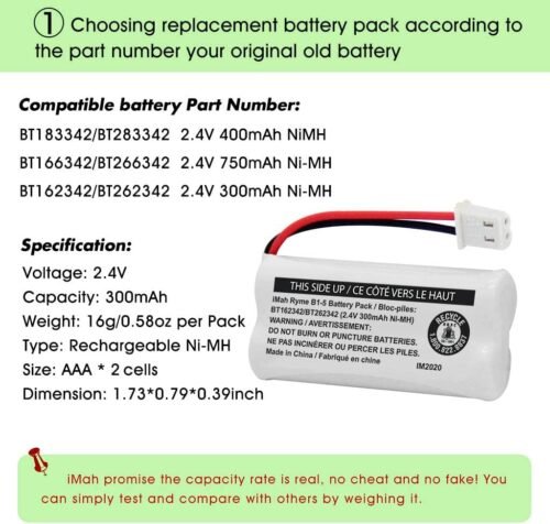 iMah BT162342/BT262342 2.4V 300mAh Ni-MH Cordless Phone Battery Pack, Also Compatible with BT183342/BT283342 AT&T EL52351 TL90070 VTech CS5119 DS6511 DS6722 LS6305 Handset, 2-Pack - 이미지 3