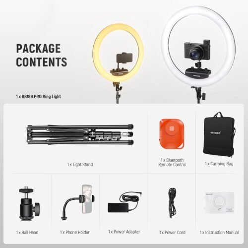 NEEWER Professional 18 Inch Ring Light with Tripod Stand Phone Holder Compatible with iPhone, 45W Remote Shutter App Control, Video Recording Makeup Selfie Studio Streaming Filming, RP18B Pro Black - 이미지 9