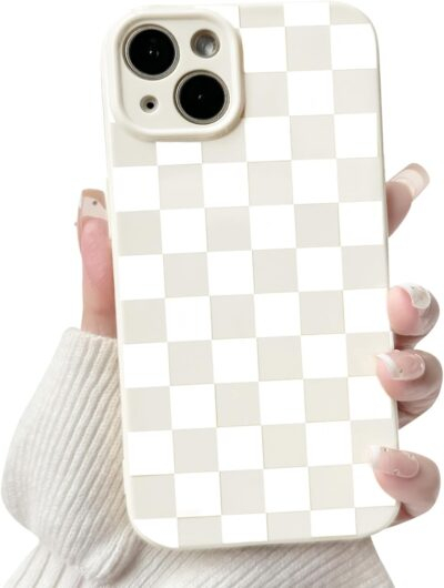 NITITOP Compatible with iPhone 15 Case Cute Aesthetic Checkerboard Checkered Pattern for Women Girl Trendy Slim Fit TPU Silicone Shockproof Full Camera Protection Cover - White