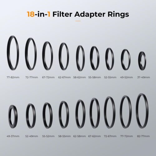 K&F Concept 18 Pieces Filter Ring Adapter Set, Camera Lens Filter Metal Stepping Rings Kit (Includes 9pcs Step Up Ring Set + 9pcs Step Down Ring Set) Black - 이미지 2