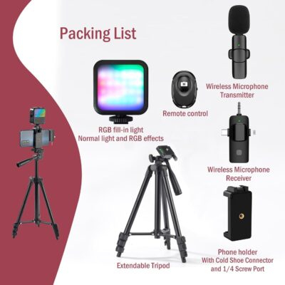 iPhone Vlogging Kit with Tripod, Wireless Microphone, RGB Fill-in Light, Remote for YouTube Content Creators - 이미지 6