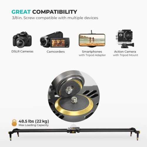 (Upgraded) 39.4 in Carbon Fiber Camera Slider, 100cm Dolly Track Rail, Smooth Bearing Stabilizer, Height Adjustable, Spirit Level, AGG1981 - 이미지 6
