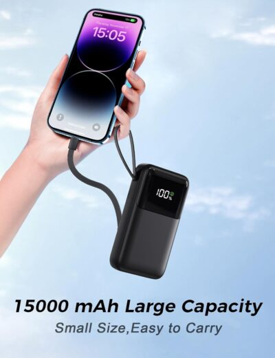 Portable Charger with Built in Cable, 15000mAh Power Bank, 22.5W Fast Charging, 6 Outputs, Slim Travel Essential Battery Pack with LED Display, Compatible with iPhone 16/15/14/13, Samsung, iPad, etc - 이미지 5