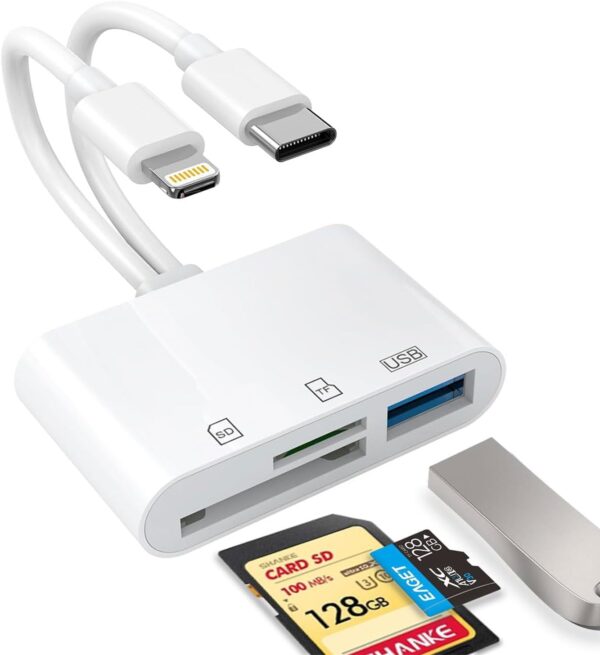 "Ultimate Dual-Port SD Card Reader: Effortless Memory Transfer for iPhone, iPad & More!"