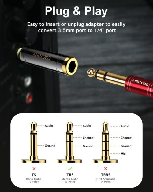 ANDTOBO 1/4'' to 3.5 mm Stereo Pure Copper Headphone Adapter, 3.5 mm(1/8'') Plug Male to 6.35 mm (1/4'') Jack Female Stereo Adapter for Headphone, Amp Adapter, Black 2-Pack - 이미지 4