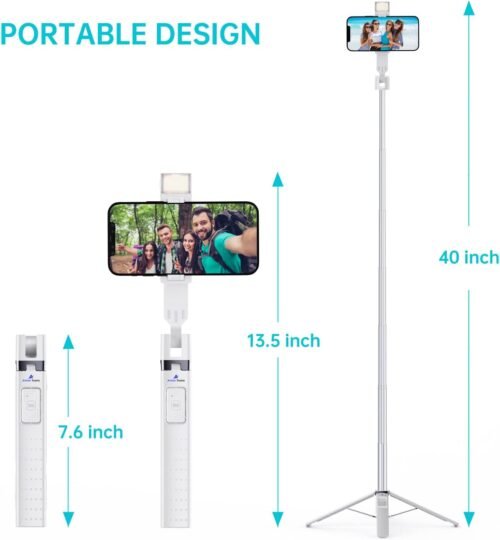 Ambertronix 40” Selfie Stick Tripod Quadrapod, Onboard Light, Wireless Bluetooth Remote, Extendable, Stainless Steel, 3 Light Modes, 9 Brightness Levels, Compatible with All iPhone & Android Devices - 이미지 9