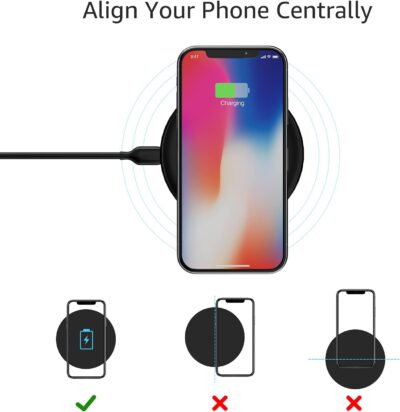 Amazon Basics 15W Qi Certified Wireless Phone Charger Pad, Fast Charging Pad for iPhone 16/15/14/13/12/11/X, Samsung and More, with USB Cable, Black - 이미지 4