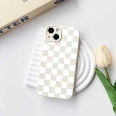 NITITOP Compatible with iPhone 15 Case Cute Aesthetic Checkerboard Checkered Pattern for Women Girl Trendy Slim Fit TPU Silicone Shockproof Full Camera Protection Cover - White - 이미지 2