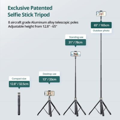 ATUMTEK 65" Selfie Stick Tripod, All in One Extendable Phone Tripod Stand with Bluetooth Remote 360° Rotation for iPhone and Android Phone Selfies, Video Recording, Vlogging, Live Streaming, Black - 이미지 3