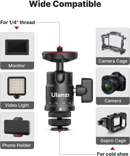 Mini Ball Head, ULANZI H28 Panoramic Tripod Head + Dual Hot Shoe Mount DSLR Camera Mount Adapter Photograph Attachment Accessories for Action Cameras Cam Smartphone Light Microphone Loading 5.5lb - 이미지 5