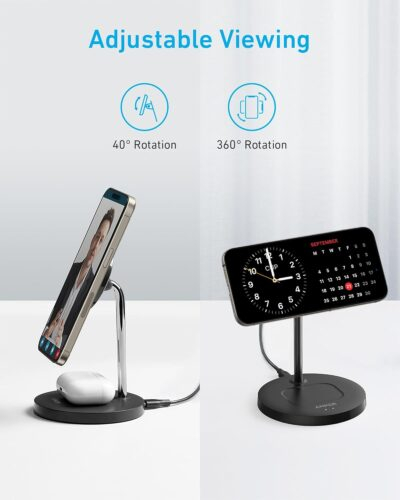 Anker iPhone 16 Wireless Charging Stand, PowerWave 2-in-1 Magnetic Stand Lite with USB-C Cable, For iPhone 16/15/14/13 Series, AirPods (No AC Adapter) - 이미지 4
