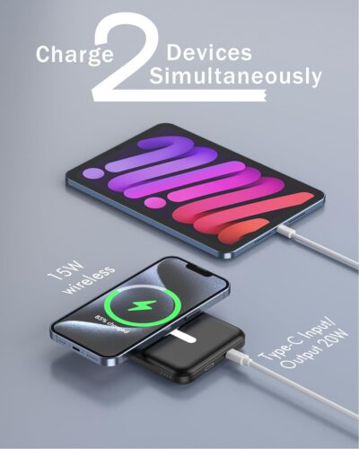 podoru for Magsafe Battery Pack, 5000mAh Magnetic Power Bank with Type-C Cable 20W PD Fast Charging Lighting Input Wireless Portable Charger for iPhone 16/15/14/13/12/ All Series-Black - 이미지 6