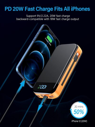 Portable Charger 32000mAh, 22.5W QC 3.0 PD 20W Smart LED Display Fast Charging Built in Cables Power Bank, External Battery Pack Charge 5 Devices Compatible with Cellphones (Orange) - 이미지 5