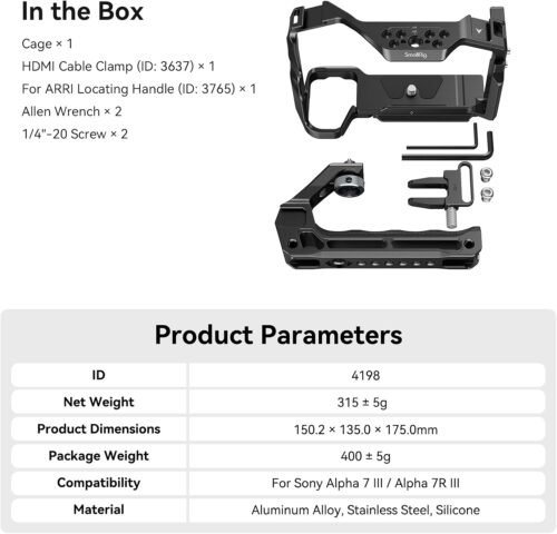 SmallRig A7 III / A7R III Camera Cage Kit for Sony Alpha 7 III/Alpha 7R III, Full Cage with Top Handle for ARRI and Cable Clamp, Built-in Cold Shoe and NATO Rails - 4198 - 이미지 7