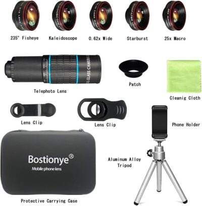 Phone Camera Lens Kit 10 in 1 for iPhone Samsung Pixel Android, 22X Telephoto Lens, 0.62X Super Wide Angle Lens&25X Macro Lens, 235° Fisheye,Kaleidoscopes, Starlight，Tripod，for Most Smartphone Black - 이미지 7