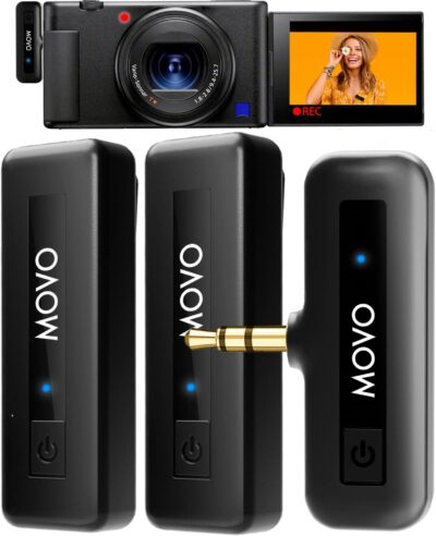 Movo Mini-Duo Wireless Microphones for Cameras, Wireless Camera Mini Mic - 3.5mm Lapel Microhone for Sony, Canon, and Nikon DSLR - 2.4Ghz Transmitter