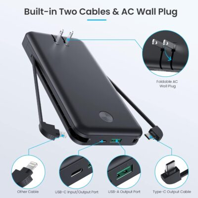 Portable Charger with Built-in Cables & AC Wall Plug,Upgraded 13800mAh USB-C Power Bank, 4 Output LCD Display External Battery Pack Phone Charger Compatible with iPhone 16/15/14/13 Samsung Android etc - 이미지 2