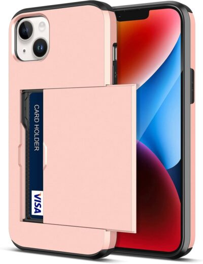 Jiunai for iPhone 14 Case Card Holder Wallet CC IDs License Access Card Slot Minimalist Dual Layer Hybrid Bumper Anti Scratch Protective Pocket Phone Cases for iPhone 14 6.1'' 2022 Men Women Rose Gold