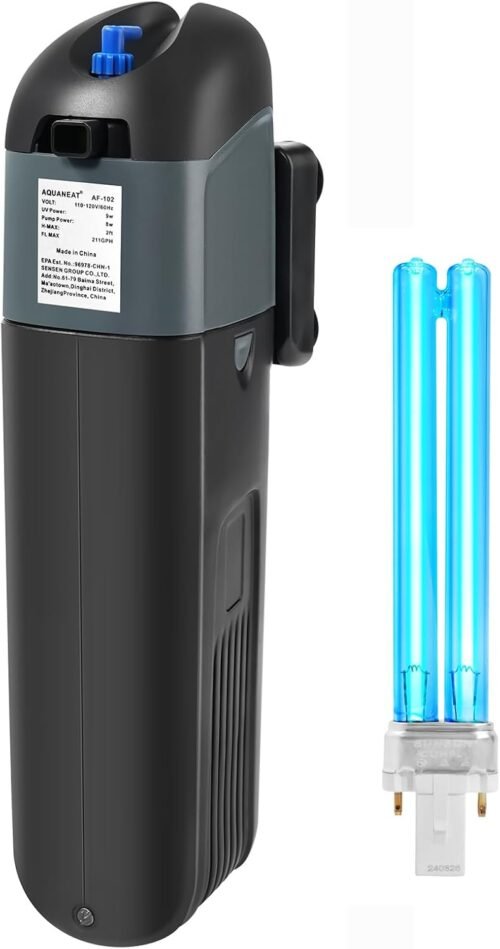 AQUANEAT Aquarium Filter 9W with Spare UV Bulb Green Water Killer Submersible Pump Filter 211GPH for 150 Gallon Fish Tank