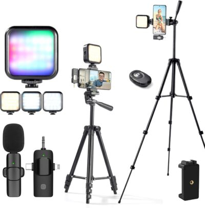 iPhone Vlogging Kit with Tripod, Wireless Microphone, RGB Fill-in Light, Remote for YouTube Content Creators