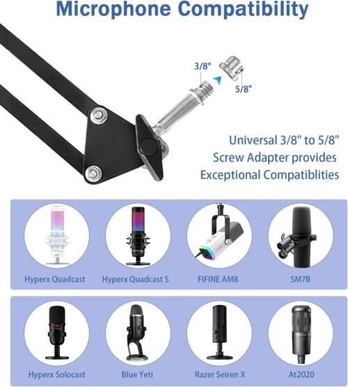 BILIONE Microphone Stand, Mic Boom Arm Stand for Blue Yeti QuadCast S SoloCast Snowball AM8 and other Mics, with Pop Filter Shock Mount Microphone Clip Cable Ties - 이미지 6