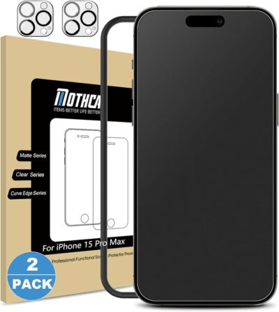 Mothca 2 Pack Matte Glass Screen Protector for iPhone 15 Pro Max[6.7 inch] + 2 Pack Camera Lens Protector, Anti-Glare & Anti-Fingerprint Case Friendly Tempered Glass Film, Bubble Free, Smooth as Silk