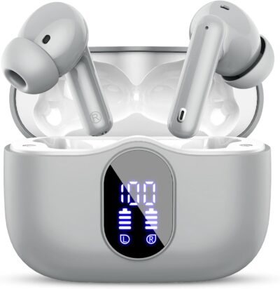 Wireless Earbuds Bluetooth 5.4 Headphones Bass Stereo Ear Buds with Noise Cancelling Mic LED Display in Ear Earphones IP7 Waterproof 36H Playtime for Laptop Pad Phones Sports Workout Grey
