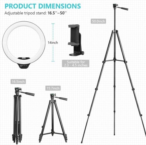 Sensyne 14'' Ring Light with 50'' Extendable Tripod Stand, LED Circle Lights with Phone Holder for Live Stream/Makeup/YouTube Video/TikTok, Compatible with All Smartphones - 이미지 2