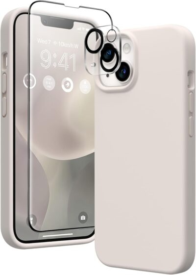 GONEZ Magnetic for iPhone 14 Case, Compatible with Magsafe, with Screen Protector + Camera Protector, Anti-Scratch Microfiber Lining, Liquid Silicone Shockproof Protective Phone Case, Stone