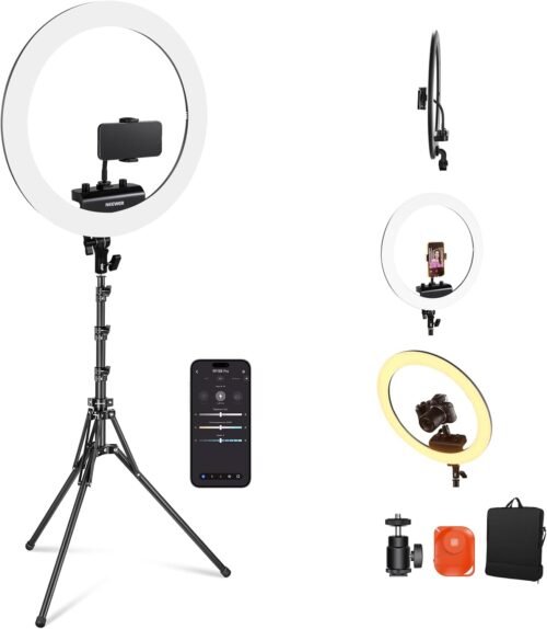 NEEWER Professional 18 Inch Ring Light with Tripod Stand Phone Holder Compatible with iPhone, 45W Remote Shutter App Control, Video Recording Makeup Selfie Studio Streaming Filming, RP18B Pro Black