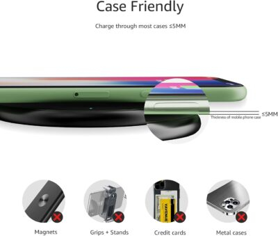 Amazon Basics 15W Qi Certified Wireless Phone Charger Pad, Fast Charging Pad for iPhone 16/15/14/13/12/11/X, Samsung and More, with USB Cable, Black - 이미지 5